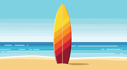 Vibrant surfboard standing tall on a sandy beach with calm turquoise ocean waters inviting summer adventures and coastal relaxation