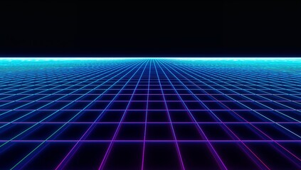 Glowing neon wireframe grid plane receding toward cyan horizon in synthwave void, magenta lines