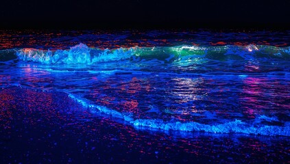 Glowing breaking waves rolling along seashore at night, showing wet sand, blue foam, magenta glints