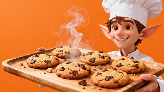 Smiling cartoon elf chef presents a wooden tray of hot, steaming chocolate chip cookies against a bright orange background, a magical holiday baking concept