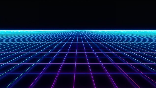 Glowing neon wireframe grid plane receding toward cyan horizon in synthwave void, magenta lines