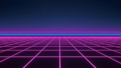 Glowing magenta grid receding to vanishing point in retro plain, cyan purple bands and night sky
