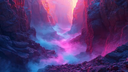 Glowing mist filling deep rocky canyon floor in narrow ravine, with jagged walls and distant glow