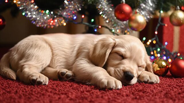Sleeping Labrador puppy resting by Christmas tree with colorful decorations  