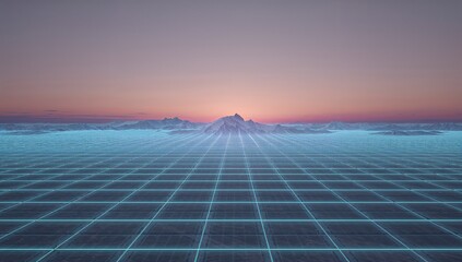 Glowing neon cyan wireframe grid plane receding toward horizon at sunrise, with central peak