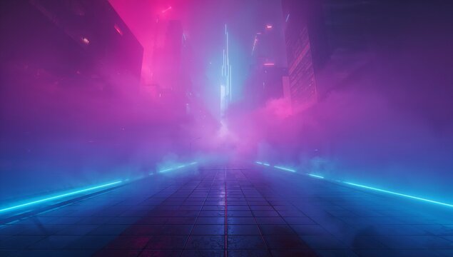 Glowing neon tiled walkway showing central seam and cyan strips leading to pillar at night, fog