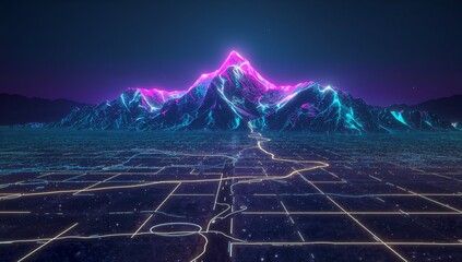 Glowing neon mountain peak drawing eye over lit grid with winding path, starry sky, distant ridges