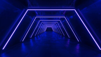 Fototapeta premium Glowing geometric tunnel stretching down corridor, with LED frames, metal floor, exposed pipes
