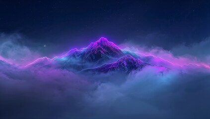 Glowing central mountain range with neon rim lighting at night, showing bright celestial point left