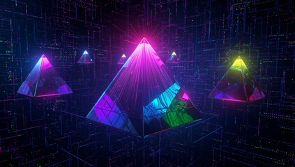 Glowing central pyramid projecting neon beams in cybervoid, surrounded by small pyramids and grid