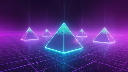 Glowing central pyramid emitting cyan outline on reflective grid floor, with four neon pyramids