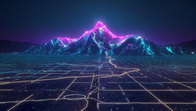 Glowing neon mountain peak drawing eye over lit grid with winding path, starry sky, distant ridges