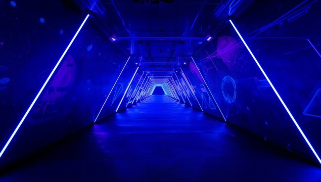 Glowing corridor drawing eye toward vanishing point in exhibit, with LED strips and glossy floor