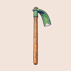Vintage Garden Hoe Illustration.Retro Farming Hand Tool Vector.Rustic Agriculture Equipment Art.Classic Farm Work Mattock.Engraved Style Gardener Badg