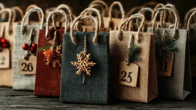 Tiny handmade burlap Christmas gift sacks lined on rustic wood, each topped with a pine cone, fir sprig and a tag stamped with a white snowflake design