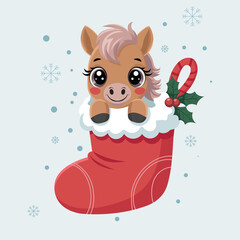 A cute Christmas pony in a red holiday stocking, designed as a festive vector illustration perfect for greeting cards, children’s products, stickers, prints and seasonal branding.
