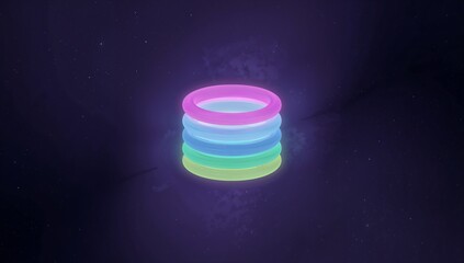 Floating vertically stacked four glowing inflatable rings in deep purple starfield, with neon halos