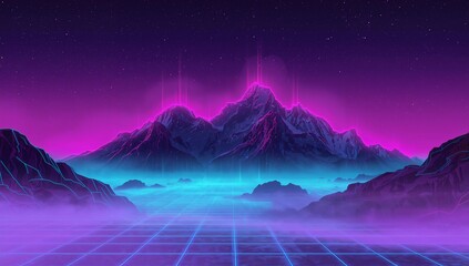 Fototapeta premium Glowing neon-lit mountain range towering over cyan grid floor at night, with magenta beams and mist