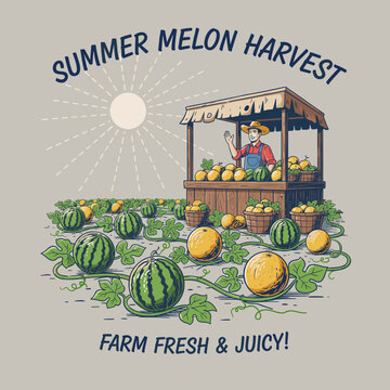 Summer Melon Harvest Farm Fresh.Vintage Farmer Roadside Stand.Fresh Watermelon Retro Graphic.Fruit Market Illustration Badge.Farm Produce Vector Desig