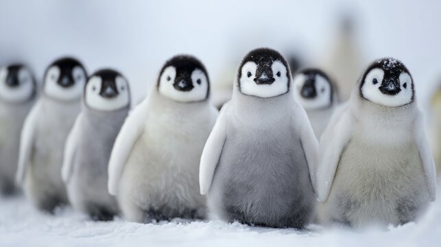 A group of young Adelie penguins stands on snow. They have fluffy gray feathers and distinctive black and white markings on their heads.