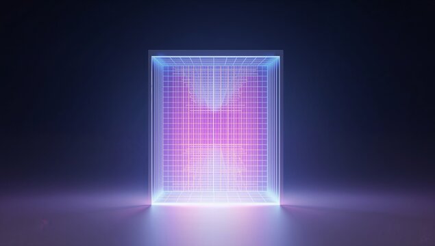 Glowing neon wireframe cube emitting cyan-magenta glow on glossy studio floor, with grid and haze