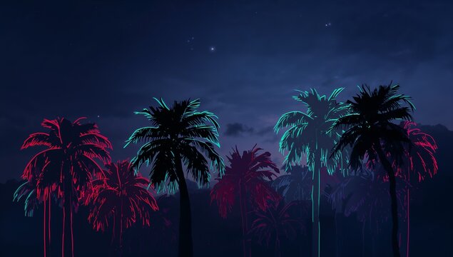 Glowing neon-outlined palm trees casting teal magenta red light in tropical night hills and stars - Powered by Adobe