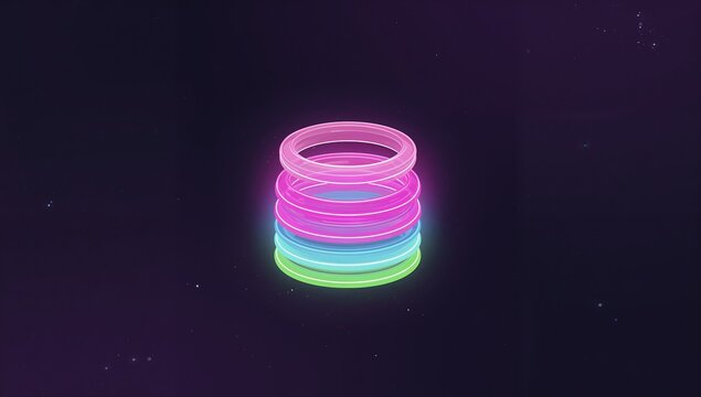 Hovering stack of six translucent neon rings glowing in space gradient, showing halos and stars - Powered by Adobe