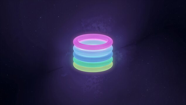 Floating vertically stacked four glowing inflatable rings in deep purple starfield, with neon halos