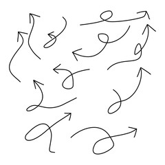 Hand-drawn black arrows with loops, twists, curves, spirals, and sharp turns pointing in varied directions for creative design and movement emphasis