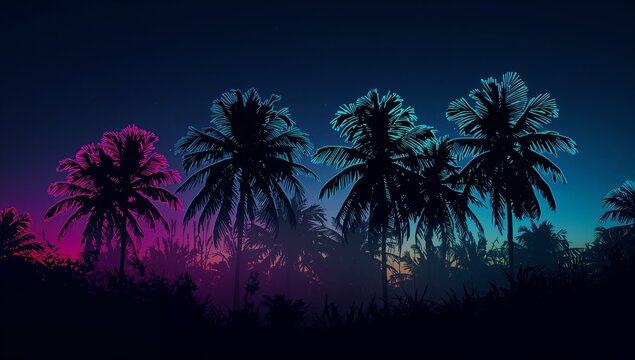 Swaying tall palm trees creating silhouettes at twilight in tropical grove, with magenta-teal sky - Powered by Adobe