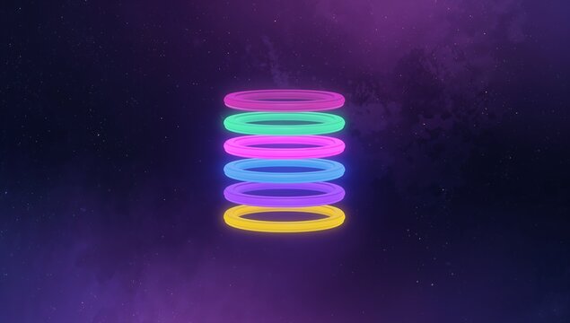 Floating column of seven neon rings glowing and casting soft halos in deep purple star field