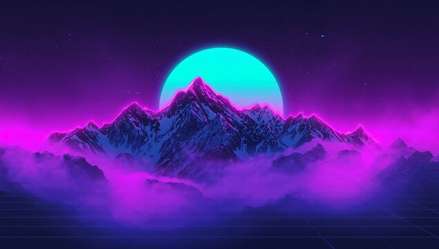 Glowing jagged mountain range showing neon magenta rim lighting in synthwave scene, with cyan moon