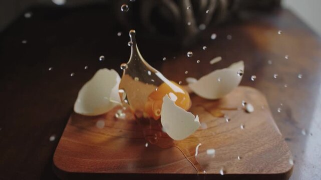 Slow motion close up view of egg cracking open on wooden surface with yolk bursting out in dramatic splash showing raw food action concept with detailed texture and warm kitchen atmosphere for cooking