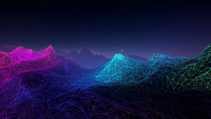 Pulsing neon wireframe mountains showing glowing mesh lines across night sky, magenta cyan peaks