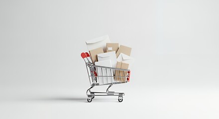 Shop for joy and deliver smiles with charming shopping cart filled with letters and packages on a clean white background for your next marketing campaign