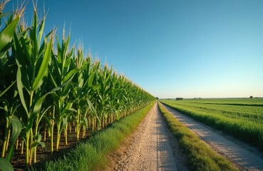 Fototapeta premium Dirt road cuts through vast green corn field under clear blue summer sky. Tall maize plants line one side of the path leading to horizon. Rich grass grows along road edge.