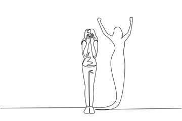 A woman standing covering her face with victorious shadow in single line draw. National Posttraumatic Growth Day theme with a health concept, show healing, resilience, confidence, courage, and renewal