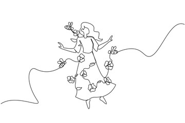 Woman dancing with bees and flower blossoms in single line draw, marking National Dance Movement Therapy Advocacy Day with a nature concept, symbolizing harmony, resilience, joy, and somatic healing