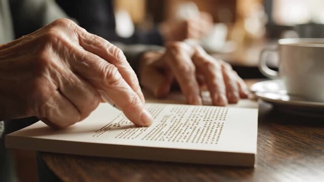 Elderly Hands Reading Book in Cozy Coffee Shop Capturing Wisdom and Serenity