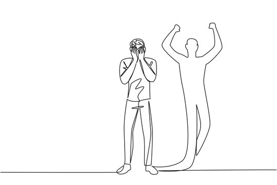 Standing man with face in hands crying beside a flexing shadow in continuous line drawing, honoring National Posttraumatic Growth Day with a health concept, show recovery, courage, resilience, hope - Powered by Adobe