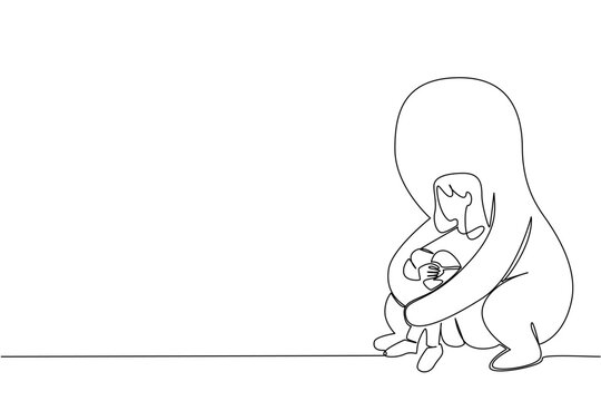Sitting girl comforted by a large protective figure in continuous line draw. National Posttraumatic Growth Day with mental health concept. Conveying empathy, resilience, healing, and nurturing support - Powered by Adobe