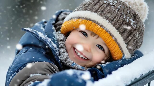 Bright blue eyed child in a cozy hat and jacket giggling as snowflakes drift down, capturing pure winter joy and festive outdoor happiness on a crisp holiday day