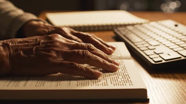 Elderly Hands Reading a Book and Using a Computer at Dusk Scene