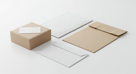 Modern packaging mock up for branding projects, showcasing envelopes, box, and card for businesses needing professional delivery solutions