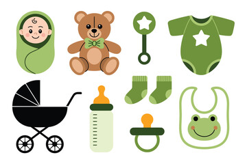A collection of baby-related items, including a swaddled infant, a teddy bear, a stroller, a feeding bottle, a pacifier, socks, a rattle, a romper, and a bib with a frog design, are arranged on a
