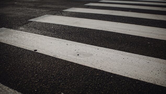 Focusing crosswalk stripes receding on asphalt, showing two metal caps, paint wear, gravel