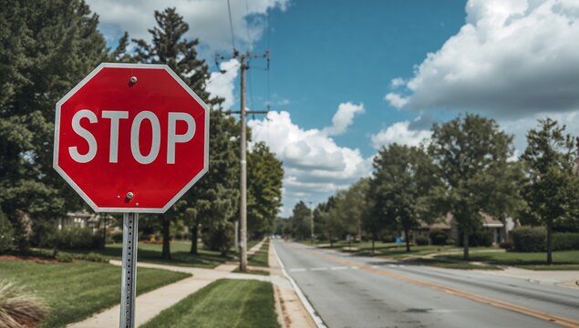 Showing red octagonal stop sign standing on metal post at suburban street with painted center lines