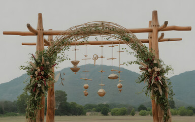 Tribal Wooden Arch Backdrop with Natural Vines and Handmade Ornaments in Indigenous Indian Celebration Style