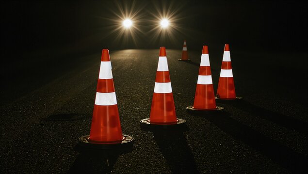 Guiding five orange traffic cones forming staggered line on nighttime roadway, white bands flashing - Powered by Adobe