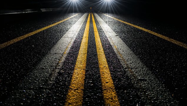 Framing double solid yellow lines glowing on wet road at night, headlights creating starburst glare